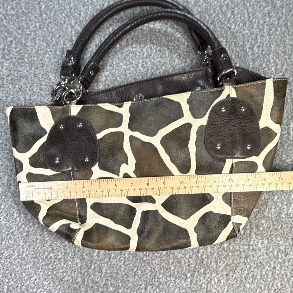 Brown/Cream Animal Print Satchel Top Handle Studded Silver Pockets